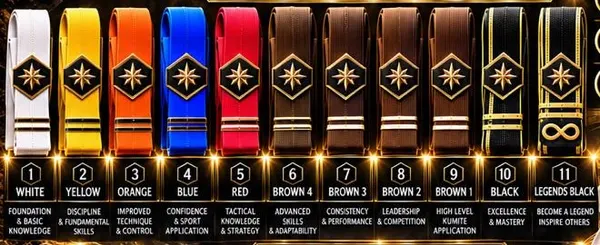 Row of karate belts from white through yellow, orange, blue, red and brown to black